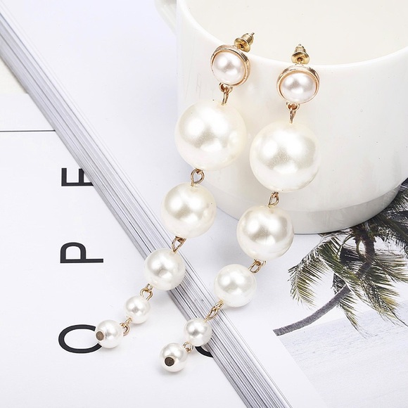 Elegant Long Drop Pearl Statement Earrings - Picture 2 of 6